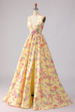 Robe de bal de bal jaune rose rose fleur profonde à col profond A line dos ouvert avec fente