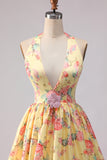 Robe de bal de bal jaune rose rose fleur profonde à col profond A line dos ouvert avec fente