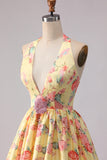 Robe de bal de bal jaune rose rose fleur profonde à col profond A line dos ouvert avec fente