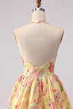 Robe de bal de bal jaune rose rose fleur profonde à col profond A line dos ouvert avec fente