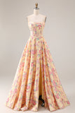 Robe de bal de bal basque jaune rose rose sans bretelles A Line à taille longue et fendue