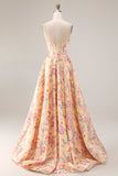 Robe de bal de bal basque jaune rose rose sans bretelles A Line à taille longue et fendue