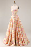 Robe de bal de bal basque jaune rose rose sans bretelles A Line à taille longue et fendue