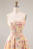 Robe de bal de bal basque jaune rose rose sans bretelles A Line à taille longue et fendue
