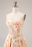 Robe de bal de bal basque jaune rose rose sans bretelles A Line à taille longue et fendue