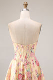 Robe de bal de bal basque jaune rose rose sans bretelles A Line à taille longue et fendue