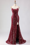 Robe de soirée sirène longue bourgogne scintillante à paillettes et dos en lacet avec fente
