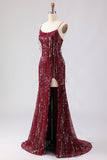 Robe de soirée sirène longue bourgogne scintillante à paillettes et dos en lacet avec fente