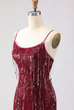 Robe de soirée sirène longue bourgogne scintillante à paillettes et dos en lacet avec fente