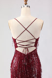 Robe de soirée sirène longue bourgogne scintillante à paillettes et dos en lacet avec fente