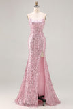 Robe de soirée sirène longue bourgogne scintillante à paillettes et dos en lacet avec fente