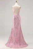 Robe de soirée sirène longue bourgogne scintillante à paillettes et dos en lacet avec fente