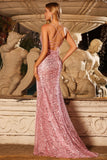 Robe de bal longue robe de bal à paillettes roses scintillantes, sirène en dentelle