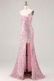 Robe de bal longue de bal en dentelle rose rose scintillante avec paillettes et fente