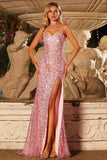 Robe de bal longue robe de bal à paillettes roses scintillantes, sirène en dentelle