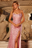 Robe de bal longue robe de bal à paillettes roses scintillantes, sirène en dentelle