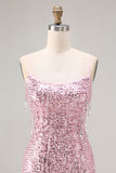 Robe de soirée sirène longue bourgogne scintillante à paillettes et dos en lacet avec fente