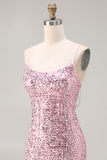 Robe de bal longue de bal en dentelle rose rose scintillante avec paillettes et fente