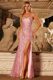 Robe de bal longue robe de bal à paillettes roses scintillantes, sirène en dentelle