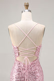 Robe de bal longue de bal en dentelle rose rose scintillante avec paillettes et fente