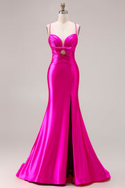 Robe de bal longue à la découpe satin satin plissée, nœud, avec fente
