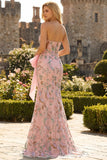 Robe de bal longue florale perlée en sequins sans bretelles avec un nœud à la hanche et une fente de jupe