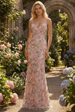 Robe longue de bal florale à bretelles fines à fausses à fausses perles avec paillettes