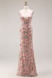 Robe longue de bal florale à bretelles fines à fausses à fausses perles avec paillettes