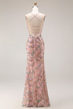 Robe longue de bal florale à bretelles fines à fausses à fausses perles avec paillettes