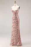 Robe longue de bal florale à bretelles fines à fausses à fausses perles avec paillettes