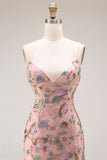 Robe longue de bal florale à bretelles fines à fausses à fausses perles avec paillettes