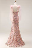 Robe longue de bal de bal ajustée en perles à paillettes, fleurie, avec des nœuds sur les épaules