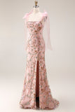 Robe longue de bal de bal ajustée en perles à paillettes, fleurie, avec des nœuds sur les épaules