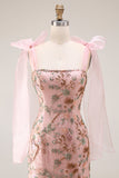Robe longue de bal de bal ajustée en perles à paillettes, fleurie, avec des nœuds sur les épaules