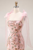 Robe longue de bal de bal ajustée en perles à paillettes, fleurie, avec des nœuds sur les épaules