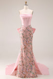 Robe longue de bal de bal de sirène à taille basque applique, rose scintillant