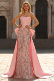 Robe longue de bal de bal de sirène à taille basque applique, rose scintillant