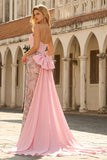 Robe longue de bal de bal de sirène à taille basque applique, rose scintillant