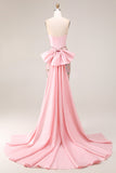 Robe longue de bal de bal de sirène à taille basque applique, rose scintillant