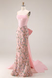 Robe longue de bal de bal de sirène à taille basque applique, rose scintillant