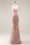 Robe longue de bal de bal de sirène à taille basque applique, rose scintillant