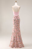 Robe longue de bal de bal de sirène à taille basque applique, rose scintillant