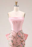 Robe longue de bal de bal de sirène à taille basque applique, rose scintillant
