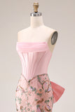 Robe longue de bal de bal de sirène à taille basque applique, rose scintillant