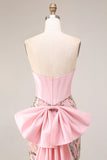 Robe longue de bal de bal de sirène à taille basque applique, rose scintillant