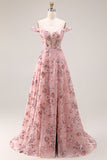 Blush fleur décollée A Line Longue robe de bal avec fente