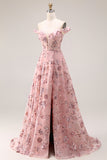 Blush fleur décollée A Line Longue robe de bal avec fente
