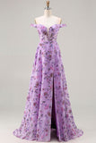 Robe de bal longue à paillettes florales violette à paillettes découvertes