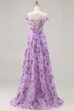 Robe de bal longue à paillettes florales violette à paillettes découvertes