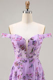 Robe de bal longue à paillettes florales violette à paillettes découvertes